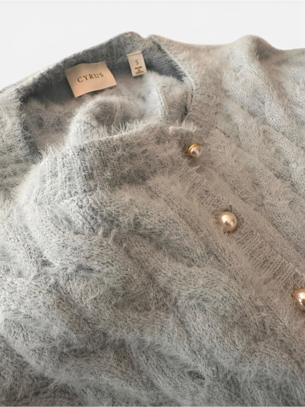 Cyrus Light Blue- Gray Fuzzy Knit Cardigan with Gold Pearl Buttons